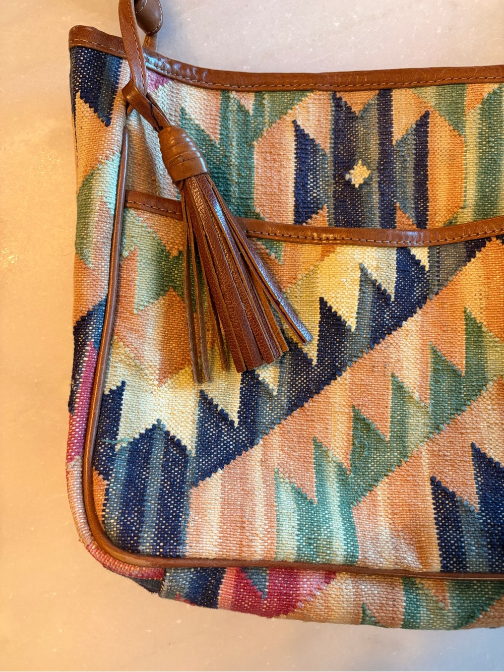Bohemian Multi-Color Aztec Cross Body Bag with Leather Tassel